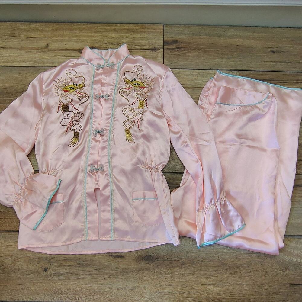 Vintage 1960s Pink Satin Dragon Embroidered Pajama Set Women's Medium WWII Style